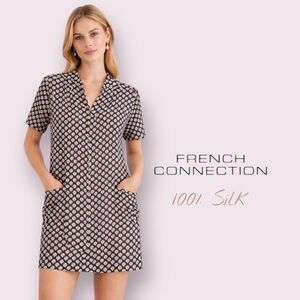 French Connection Black White Geometric Print 100% Silk Mini Shift Dress Size 2
